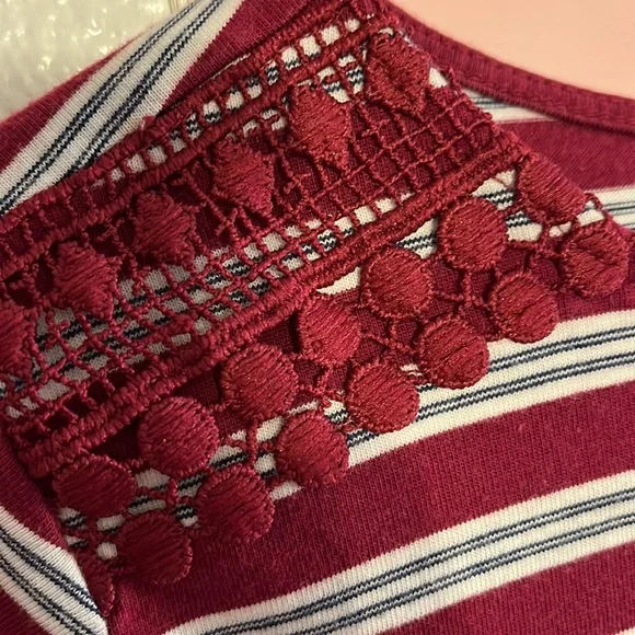 St. John's Bay cherry white navy blue stripes and asymmetrical lace pattern - Picture 3 of 4